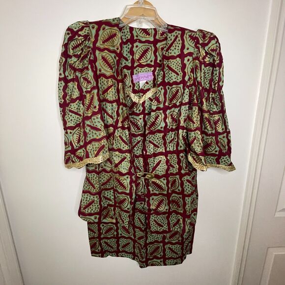 Sherries Vintage Ethnic Two Piece Blouse & Skirt Set Size 10 Metallic Gold Trim - Picture 1 of 14